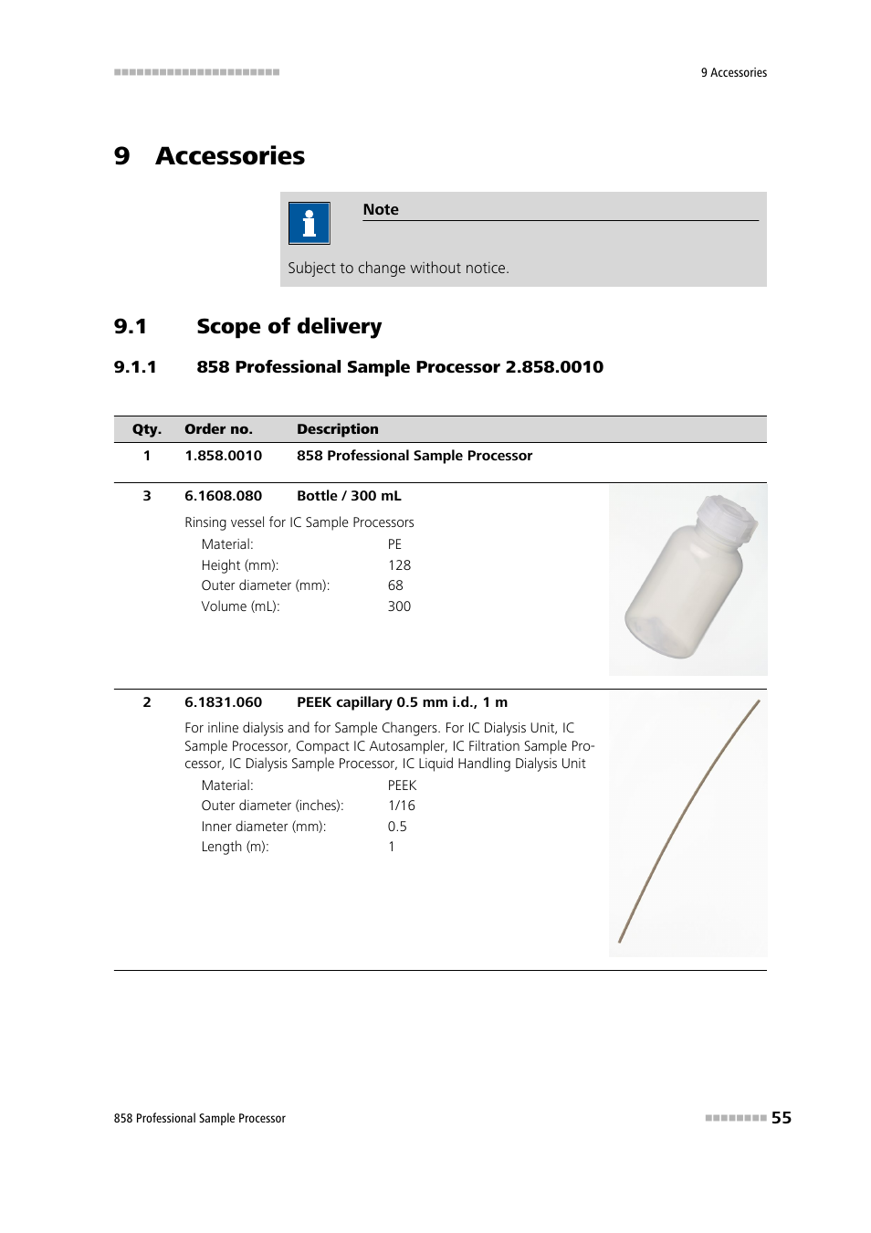 9 accessories, 1 scope of delivery, 1 858 professional sample processor 2.858.0010 | Scope of delivery, 858 professional sample processor 2.858.0010 | Metrohm 858 Professional Sample Processor User Manual | Page 63 / 105