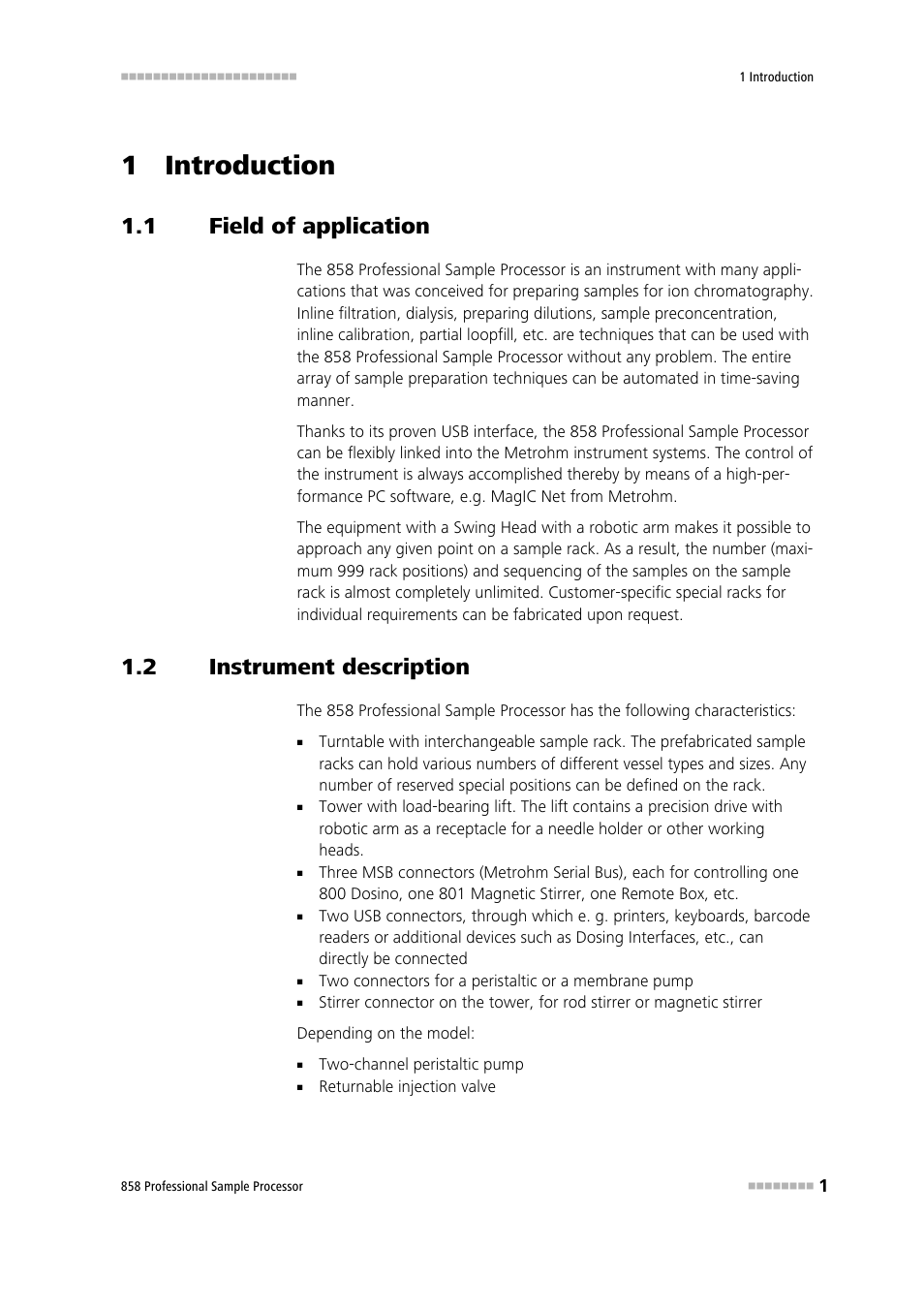 1 introduction, 1 field of application, 2 instrument description | Field of application, Instrument description | Metrohm 858 Professional Sample Processor User Manual | Page 9 / 105