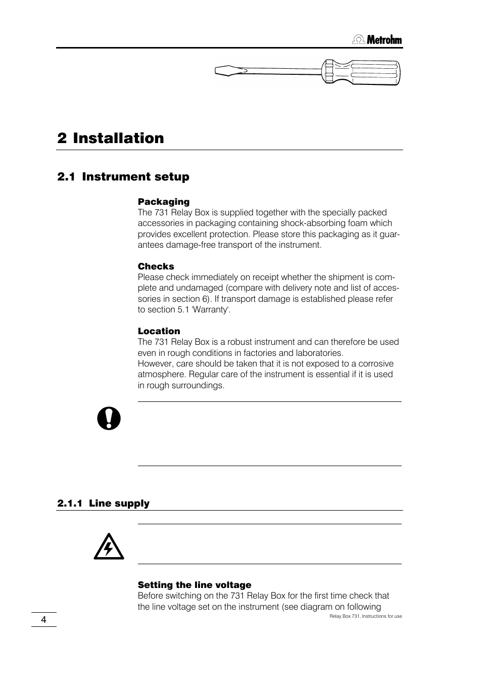 2 installation, 1 instrument setup, 1 line supply | 2 safety information, 3 setting the dc output voltage, 4 connections, 1 remote control via remote lines, 2 the metrohm remote socket, 3 the 731 relay box and remote lines, 4 connection cable | Metrohm 731 Relay Box User Manual | Page 10 / 35