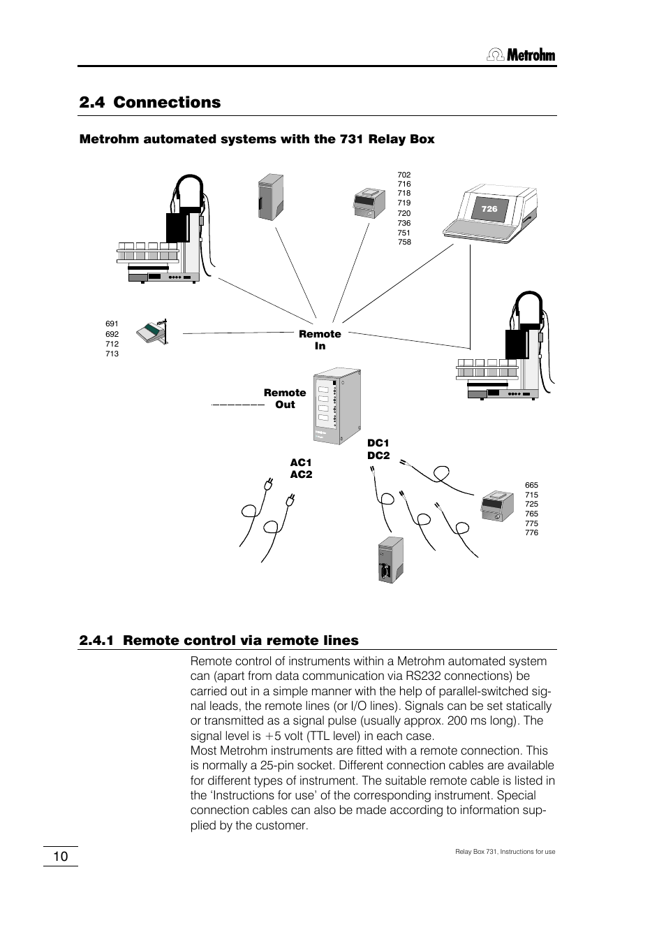 4 connections, 1 remote control via remote lines, Installation | Metrohm automated systems with the 731 relay box | Metrohm 731 Relay Box User Manual | Page 16 / 35