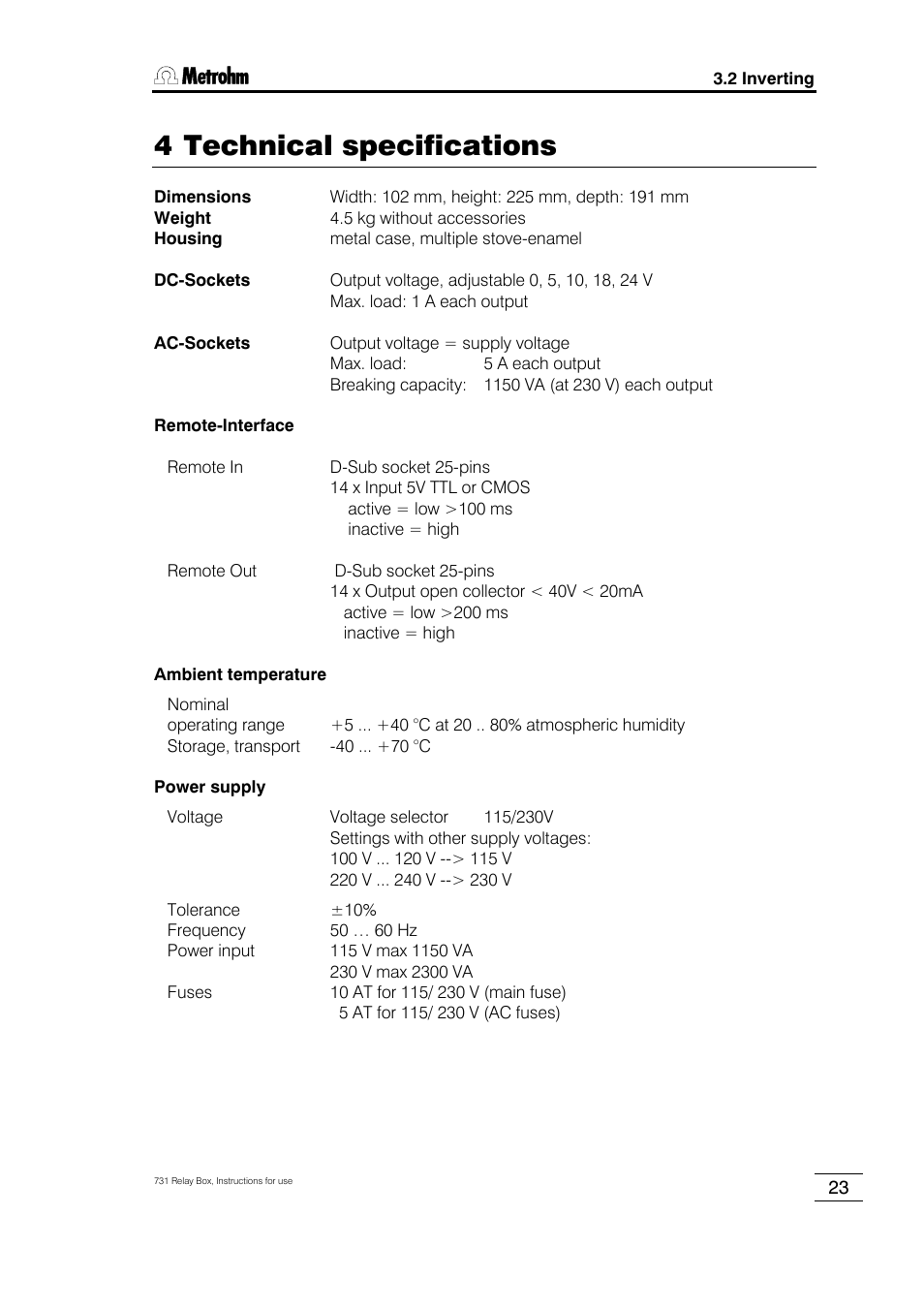 4 technical specifications | Metrohm 731 Relay Box User Manual | Page 29 / 35