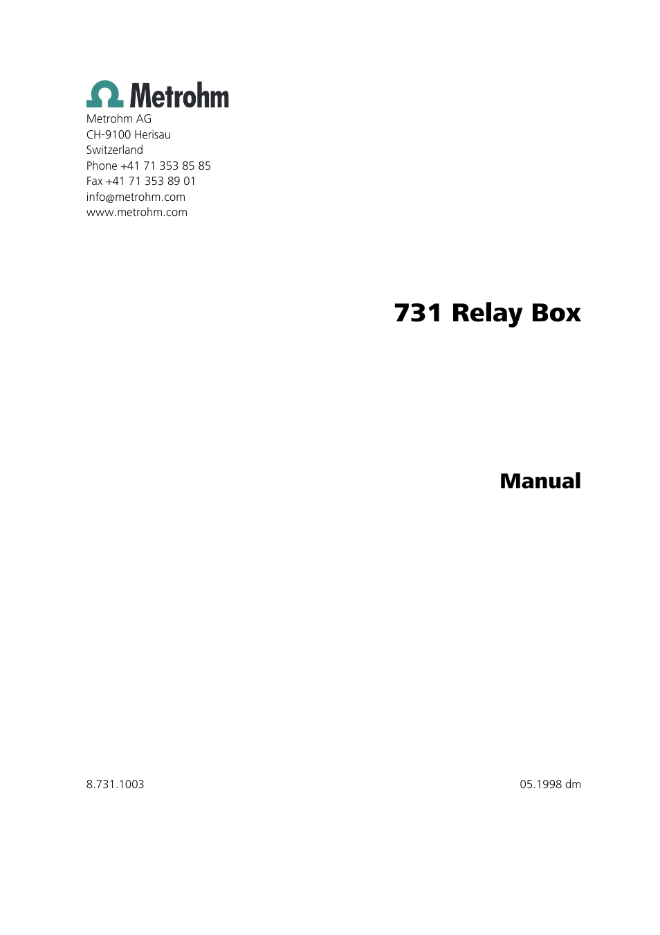 731 relay box, Manual | Metrohm 731 Relay Box User Manual | Page 3 / 35