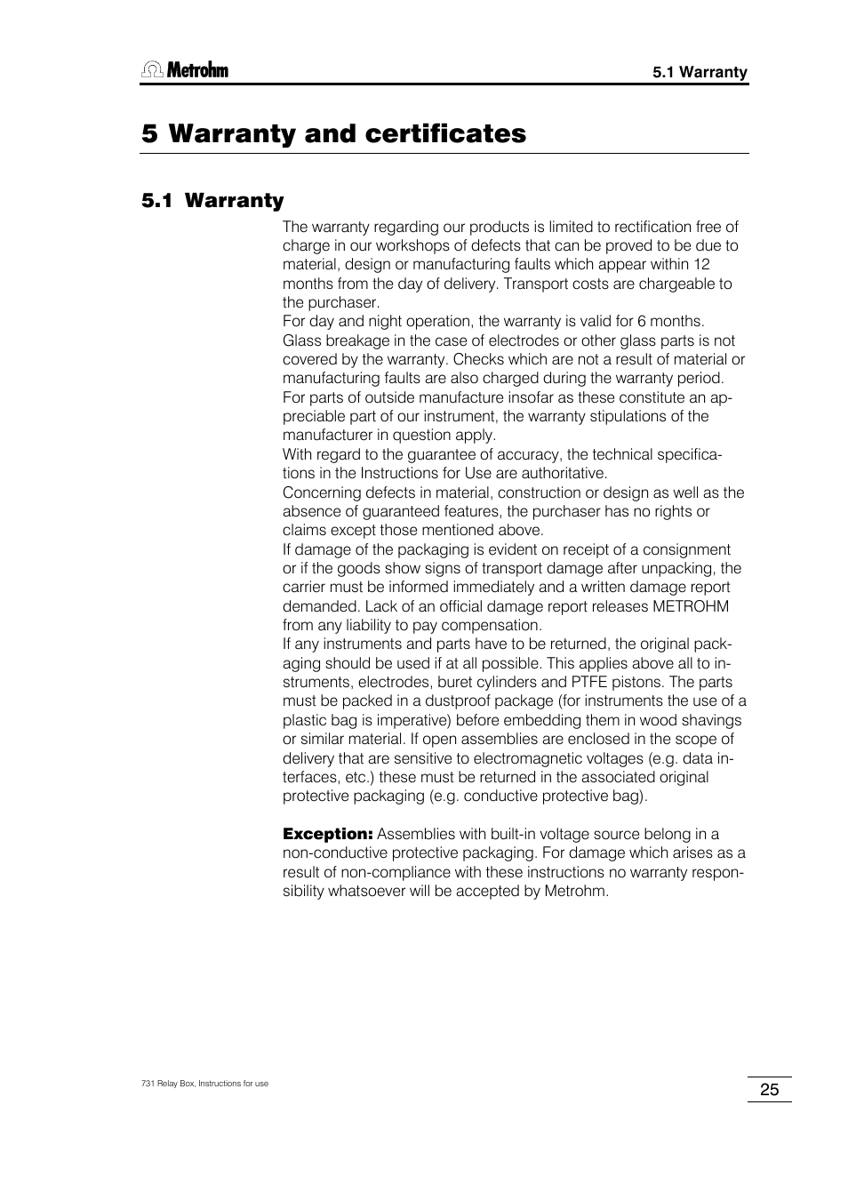 5 warranty and certificates, 1 warranty, 2 ec declaration of conformity | 3 certificate for conformity and system validation | Metrohm 731 Relay Box User Manual | Page 31 / 35