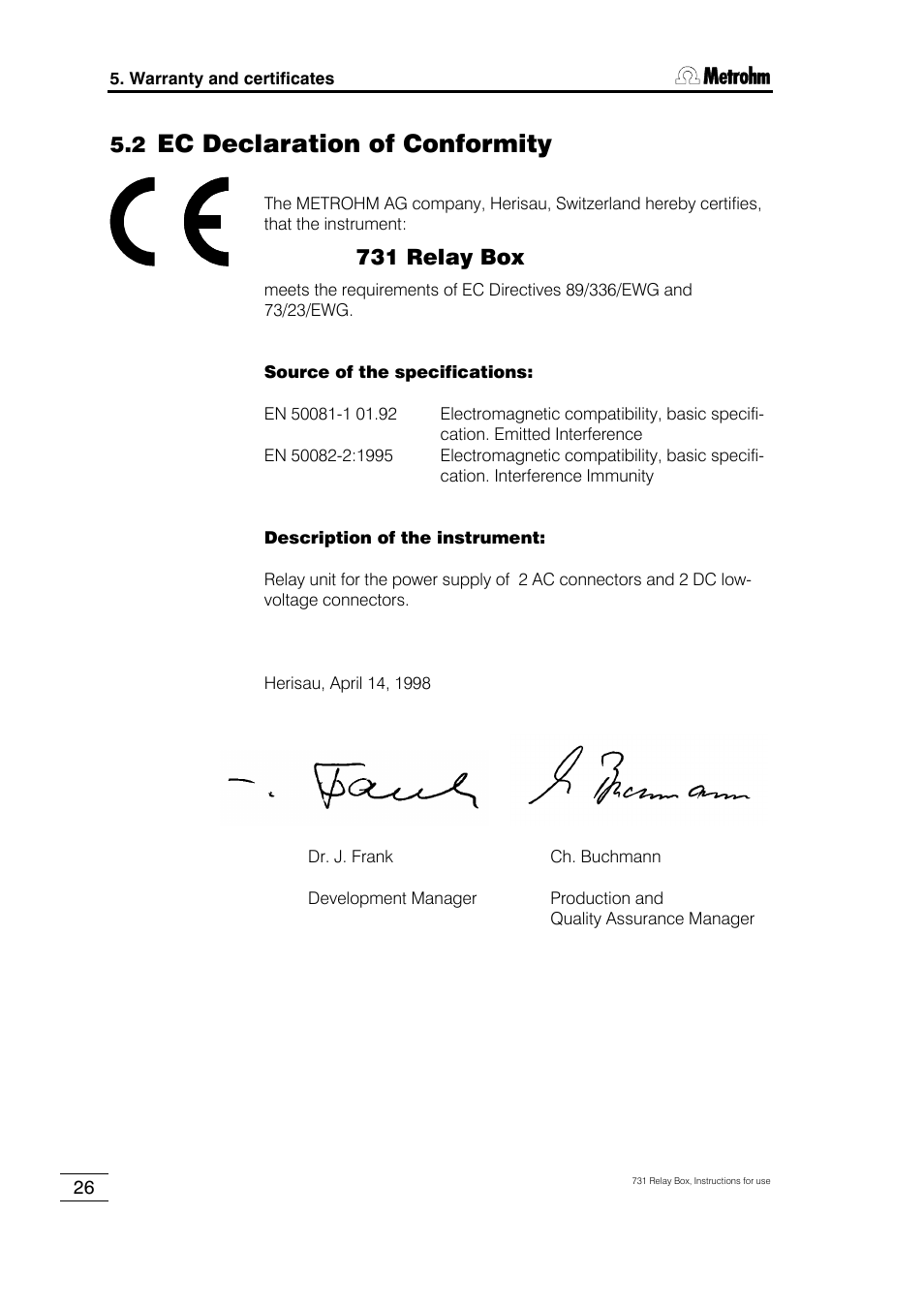 Ec declaration of conformity, 731 relay box | Metrohm 731 Relay Box User Manual | Page 32 / 35