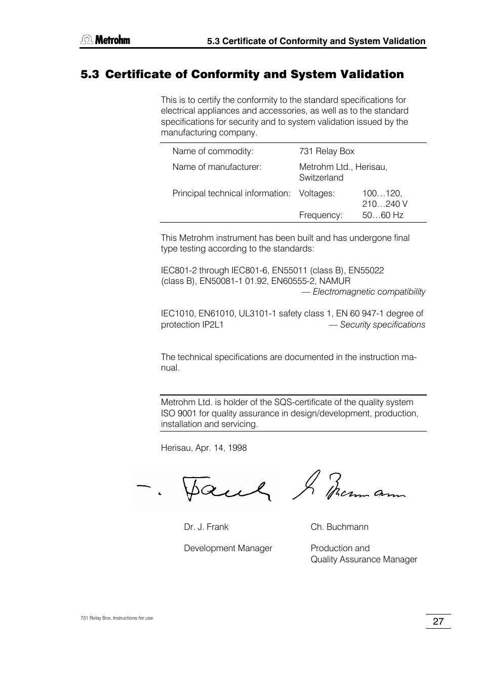 3 certificate of conformity and system validation | Metrohm 731 Relay Box User Manual | Page 33 / 35