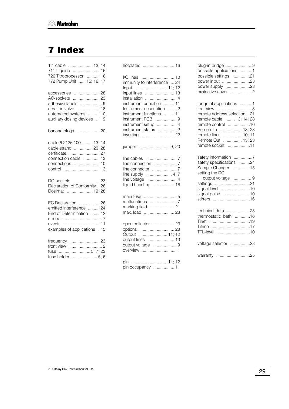 7 index | Metrohm 731 Relay Box User Manual | Page 35 / 35