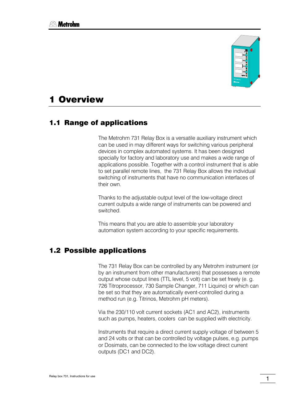 1 overview, 1 range of applications, 2 possible applications | 3 instrument description, 1 front view, 2 rear view | Metrohm 731 Relay Box User Manual | Page 7 / 35