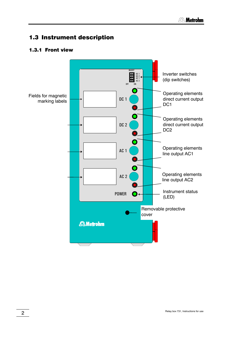 731 relay box, 3 instrument description, 1 front view | Metrohm 731 Relay Box User Manual | Page 8 / 35