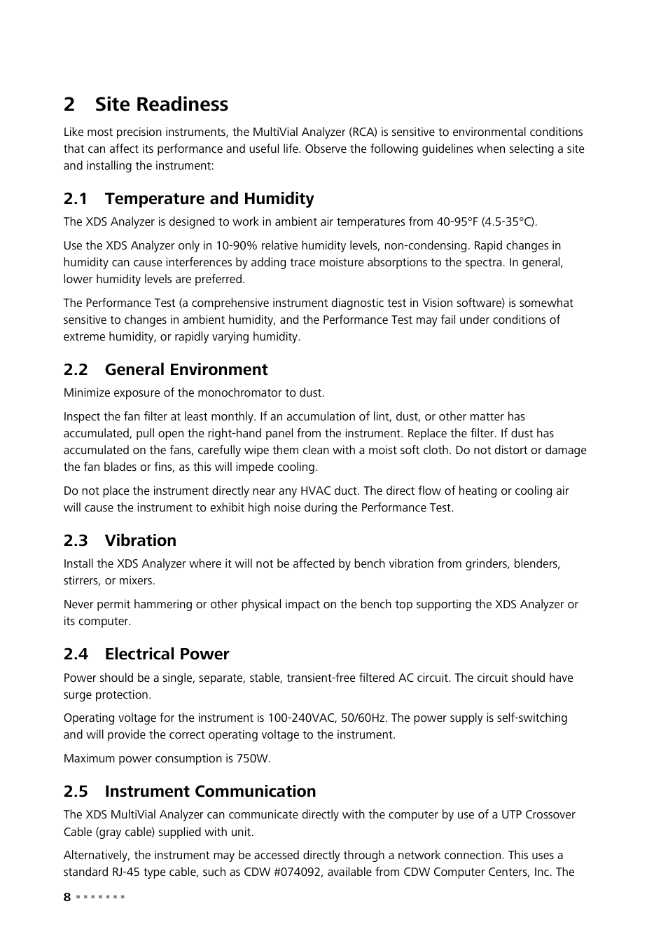 2 site readiness, 1 temperature and humidity, 2 general environment | 3 vibration, 4 electrical power, 5 instrument communication, Site readiness, Temperature and humidity, General environment, Vibration | Metrohm NIRS XDS MultiVial Analyzer User Manual | Page 10 / 117
