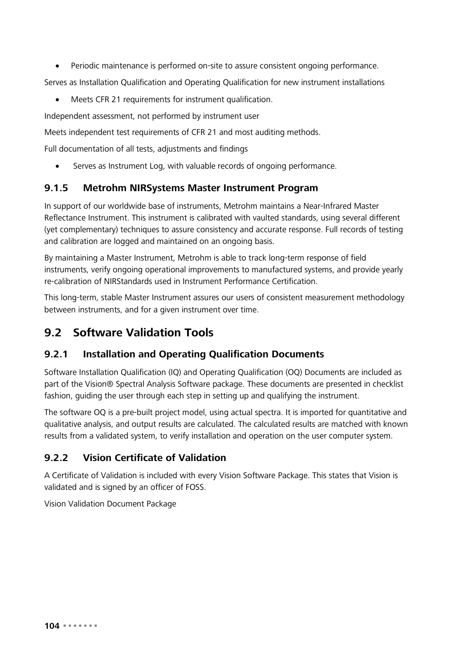 5 metrohm nirsystems master instrument program, 2 software validation tools, 2 vision certificate of validation | Metrohm nirsystems master instrument program, Software validation tools, Installation and operating qualification documents, Vision certificate of validation | Metrohm NIRS XDS MultiVial Analyzer User Manual | Page 106 / 117