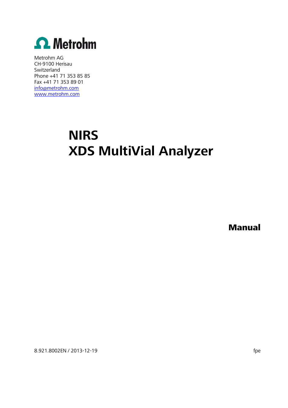 Nirs xds multivial analyzer, Manual | Metrohm NIRS XDS MultiVial Analyzer User Manual | Page 3 / 117