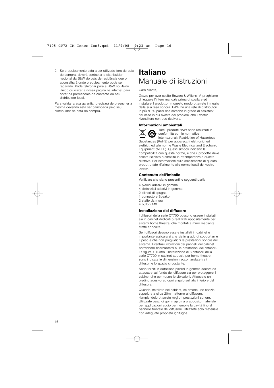 Italiano manuale di istruzioni | Bowers & Wilkins CT700 SERIES CT7.4 LCRS User Manual | Page 19 / 48