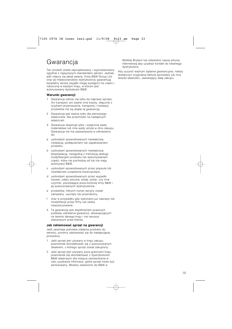 Gwarancja | Bowers & Wilkins CT700 SERIES CT7.4 LCRS User Manual | Page 36 / 48