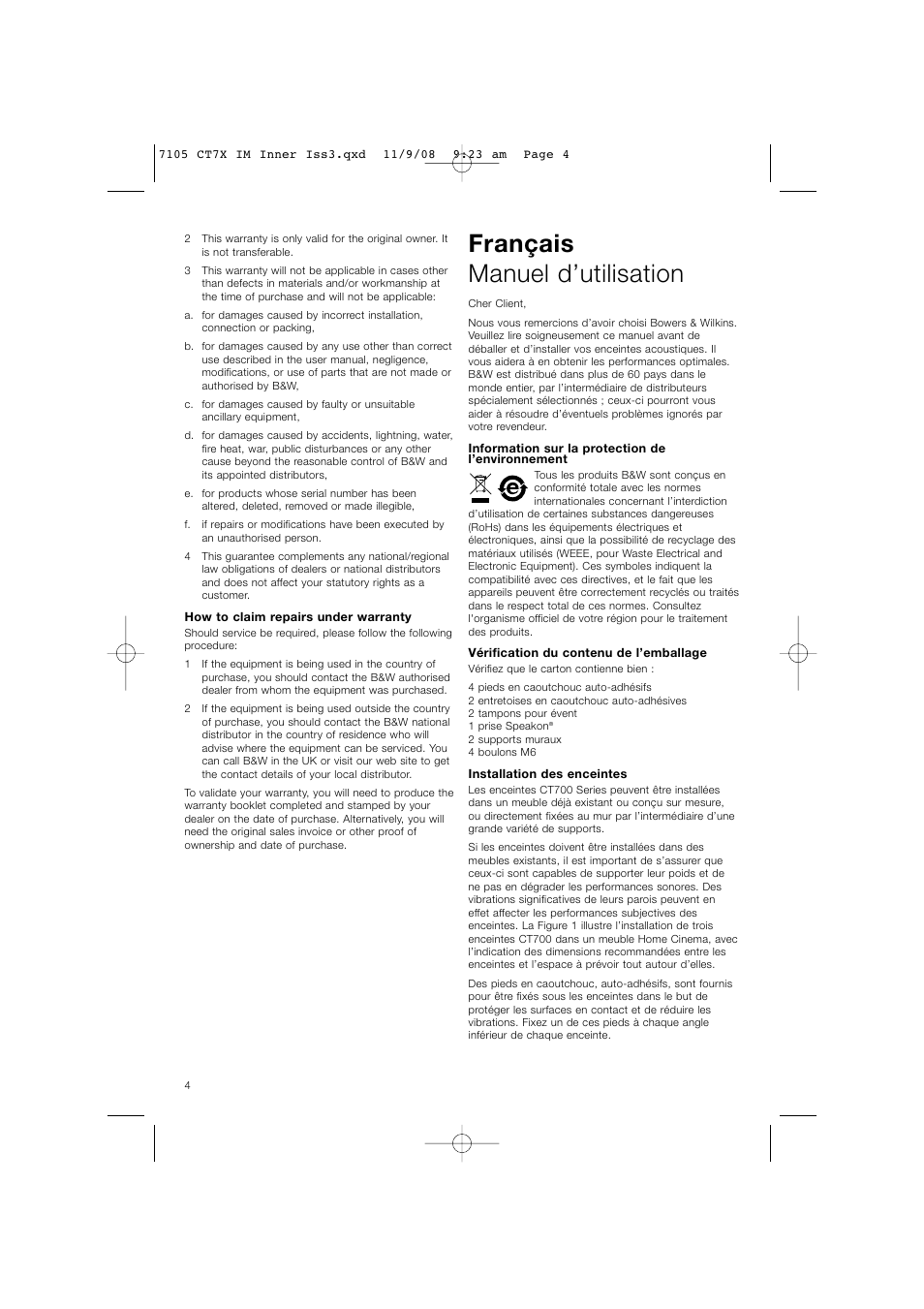 Français manuel d’utilisation | Bowers & Wilkins CT700 SERIES CT7.4 LCRS User Manual | Page 7 / 48