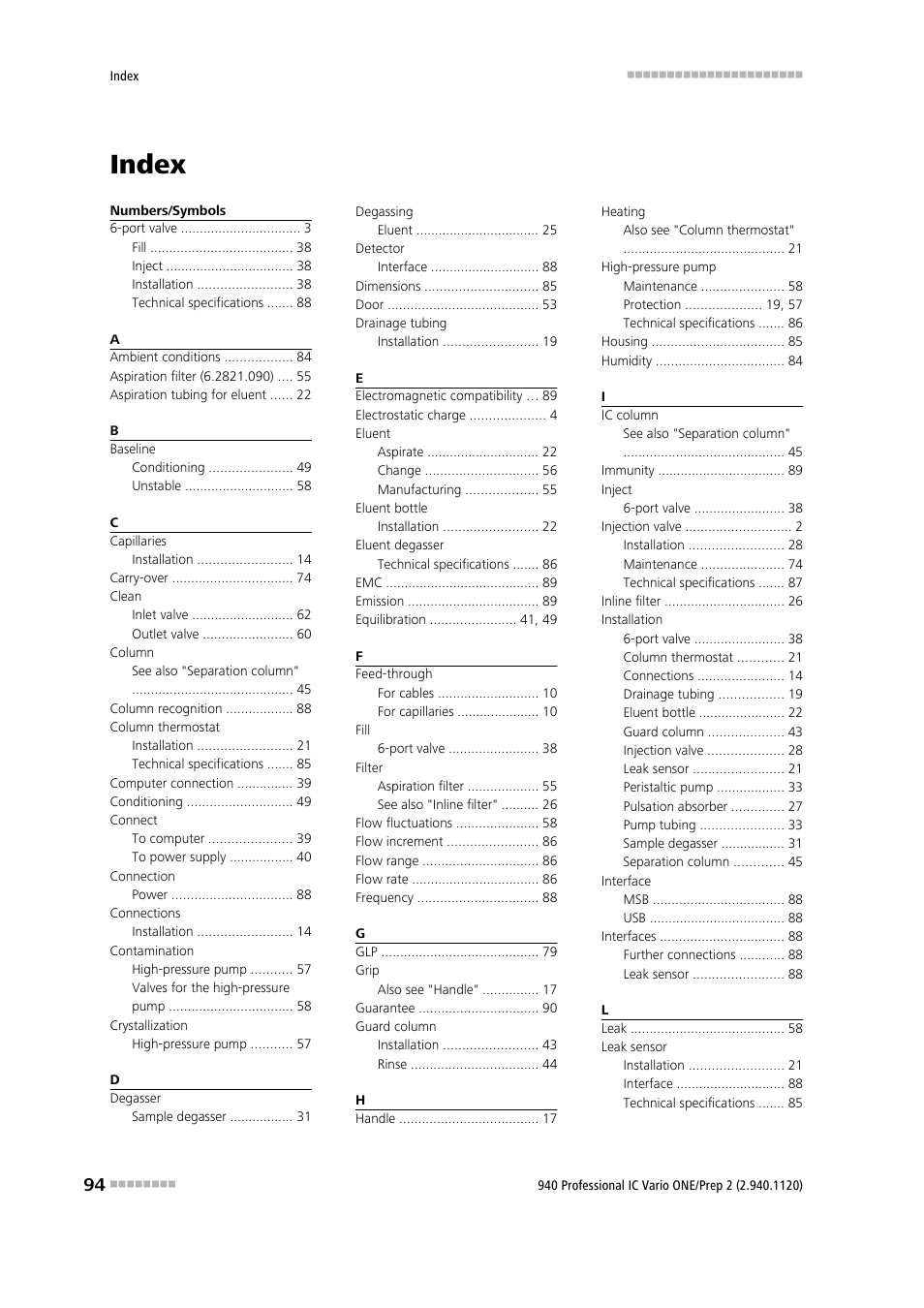 Index | Metrohm 940 Professional IC Vario ONE/Proep 2 User Manual | Page 102 / 103