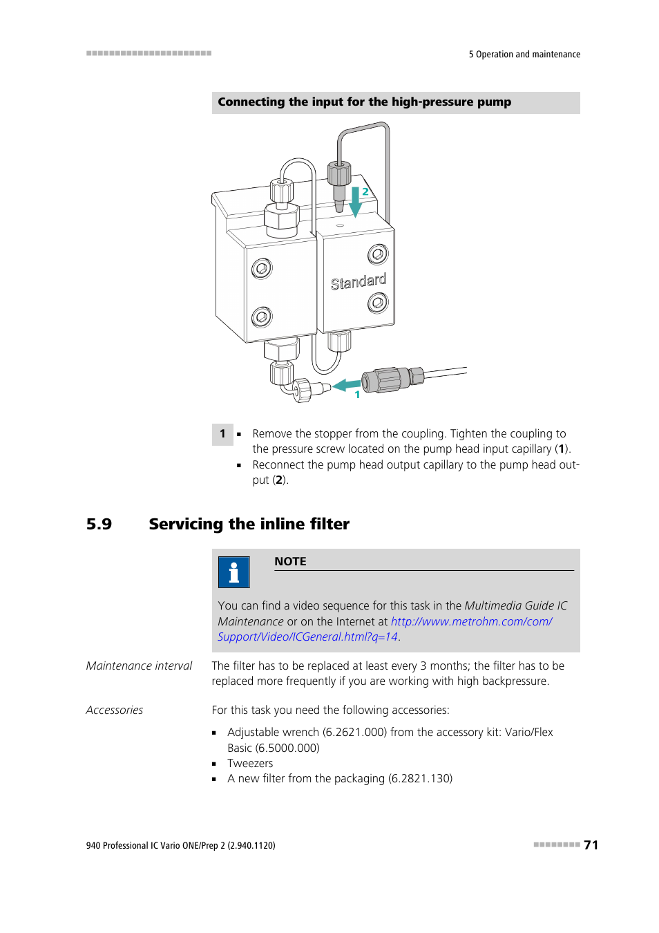 9 servicing the inline filter, Servicing the inline filter | Metrohm 940 Professional IC Vario ONE/Proep 2 User Manual | Page 79 / 103