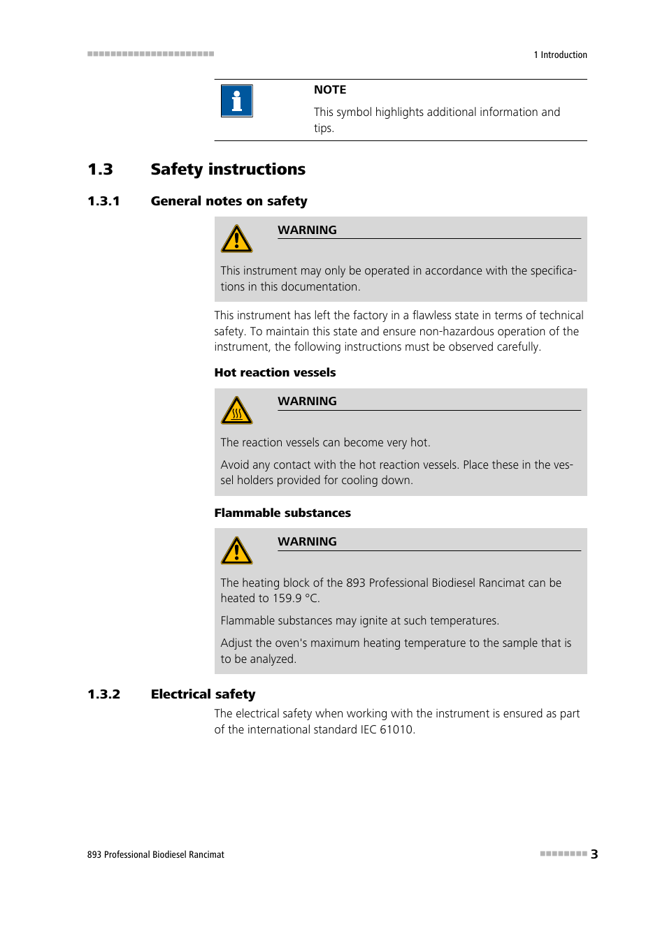 3 safety instructions, 1 general notes on safety, 2 electrical safety | Safety instructions, General notes on safety, Electrical safety | Metrohm 893 Professional Biodiesel Rancimat User Manual | Page 11 / 60