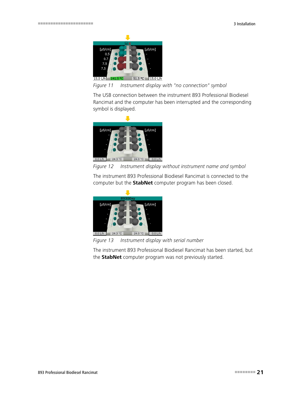 Figure 11, Instrument display with "no connection" symbol, Figure 12 | Figure 13, Instrument display with serial number | Metrohm 893 Professional Biodiesel Rancimat User Manual | Page 29 / 60