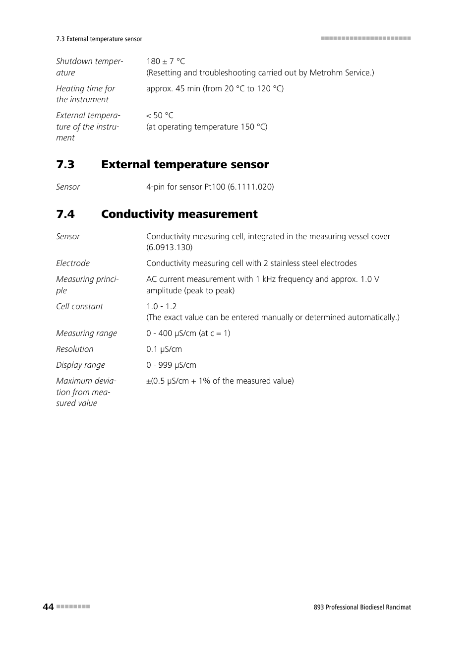 3 external temperature sensor, 4 conductivity measurement, External temperature sensor | Conductivity measurement | Metrohm 893 Professional Biodiesel Rancimat User Manual | Page 52 / 60