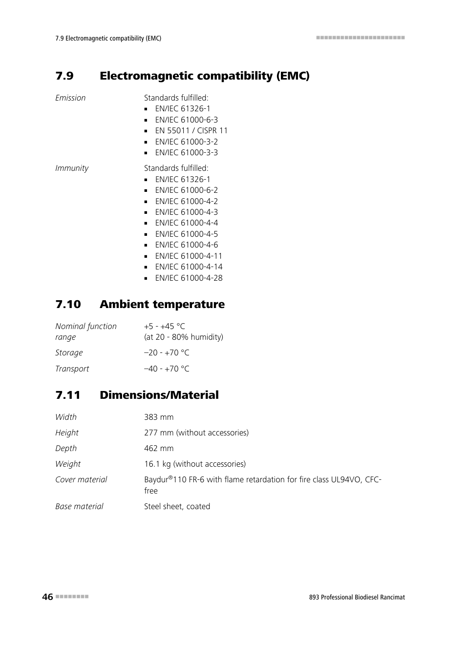 9 electromagnetic compatibility (emc), 10 ambient temperature, 11 dimensions/material | Electromagnetic compatibility (emc) | Metrohm 893 Professional Biodiesel Rancimat User Manual | Page 54 / 60