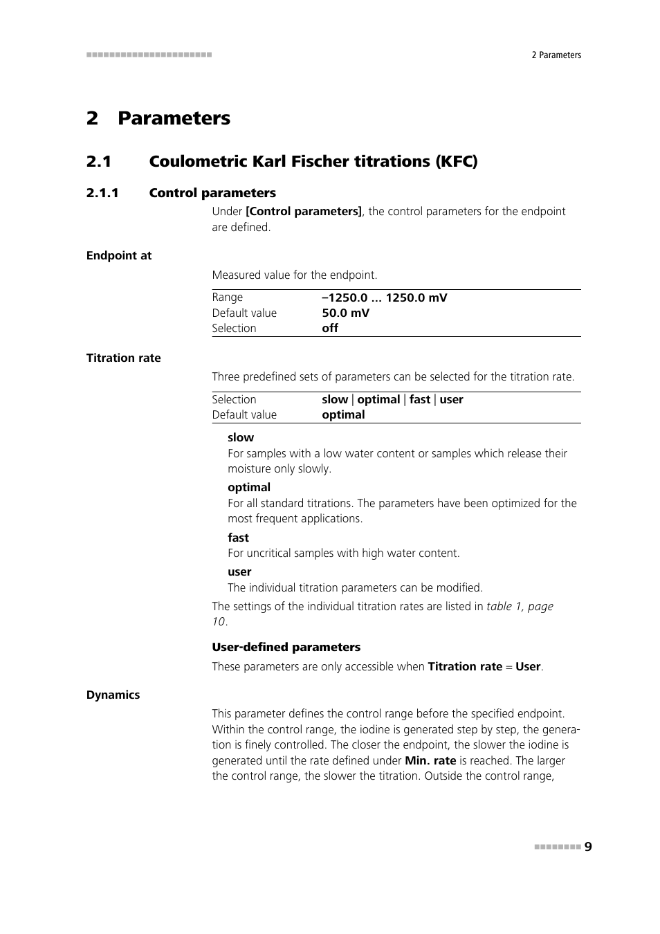 2 parameters, 1 coulometric karl fischer titrations (kfc), 1 control parameters | Coulometric karl fischer titrations (kfc), Control parameters | Metrohm 840 PC Control 6.0 / Touch Control User Manual | Page 15 / 34