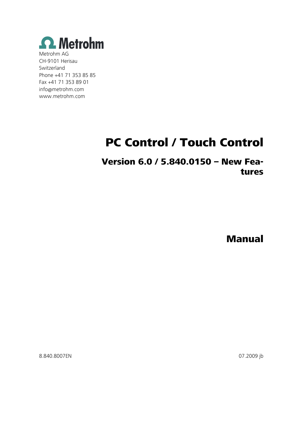 Pc control / touch control, Manual | Metrohm 840 PC Control 6.0 / Touch Control User Manual | Page 3 / 34