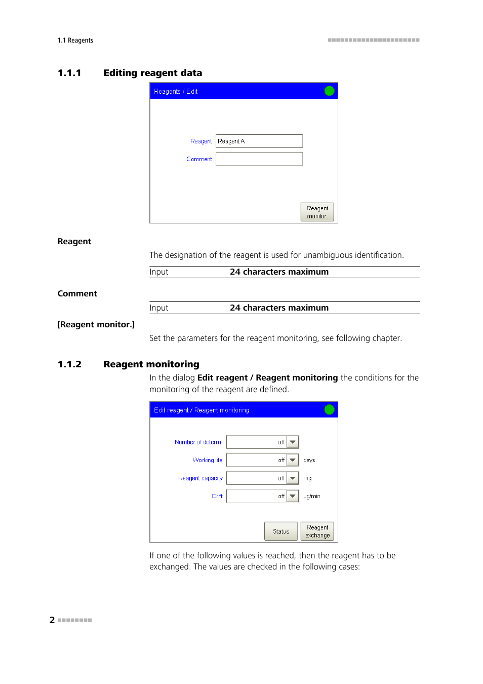 1 editing reagent data, 2 reagent monitoring, Editing reagent data | Reagent monitoring | Metrohm 840 PC Control 6.0 / Touch Control User Manual | Page 8 / 34