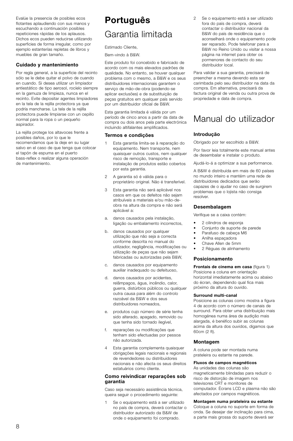 Português garantia limitada, Manual do utilizador | Bowers & Wilkins Speaker User Manual | Page 11 / 27