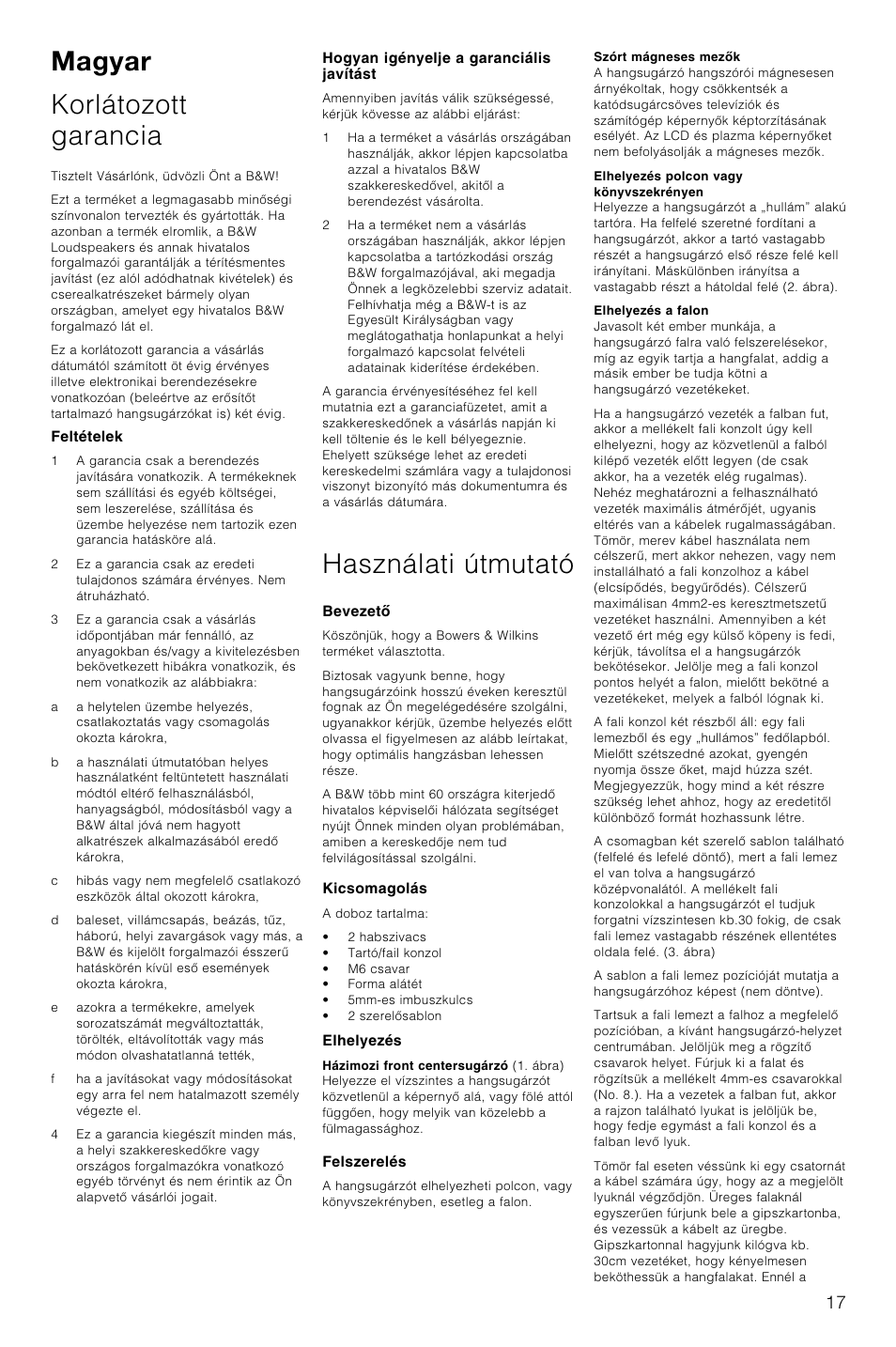 Magyar korlátozott garancia, Használati útmutató | Bowers & Wilkins Speaker User Manual | Page 20 / 27