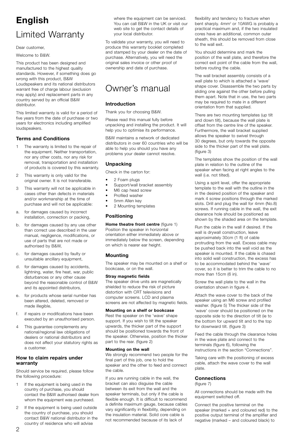 English limited warranty, Owner’s manual | Bowers & Wilkins Speaker User Manual | Page 5 / 27