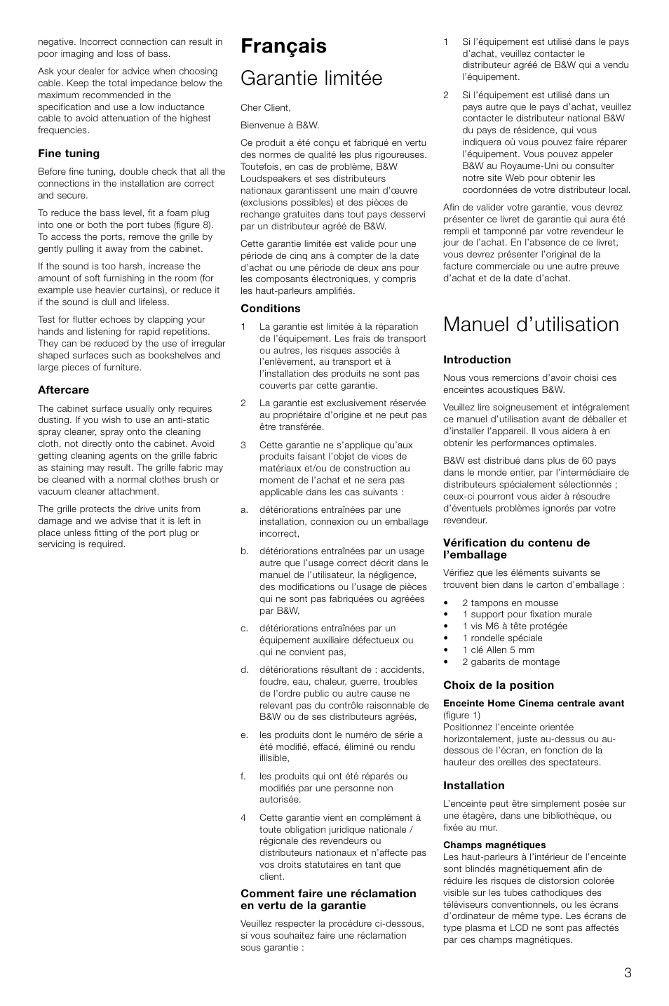 Français garantie limitée, Manuel d’utilisation | Bowers & Wilkins Speaker User Manual | Page 6 / 27