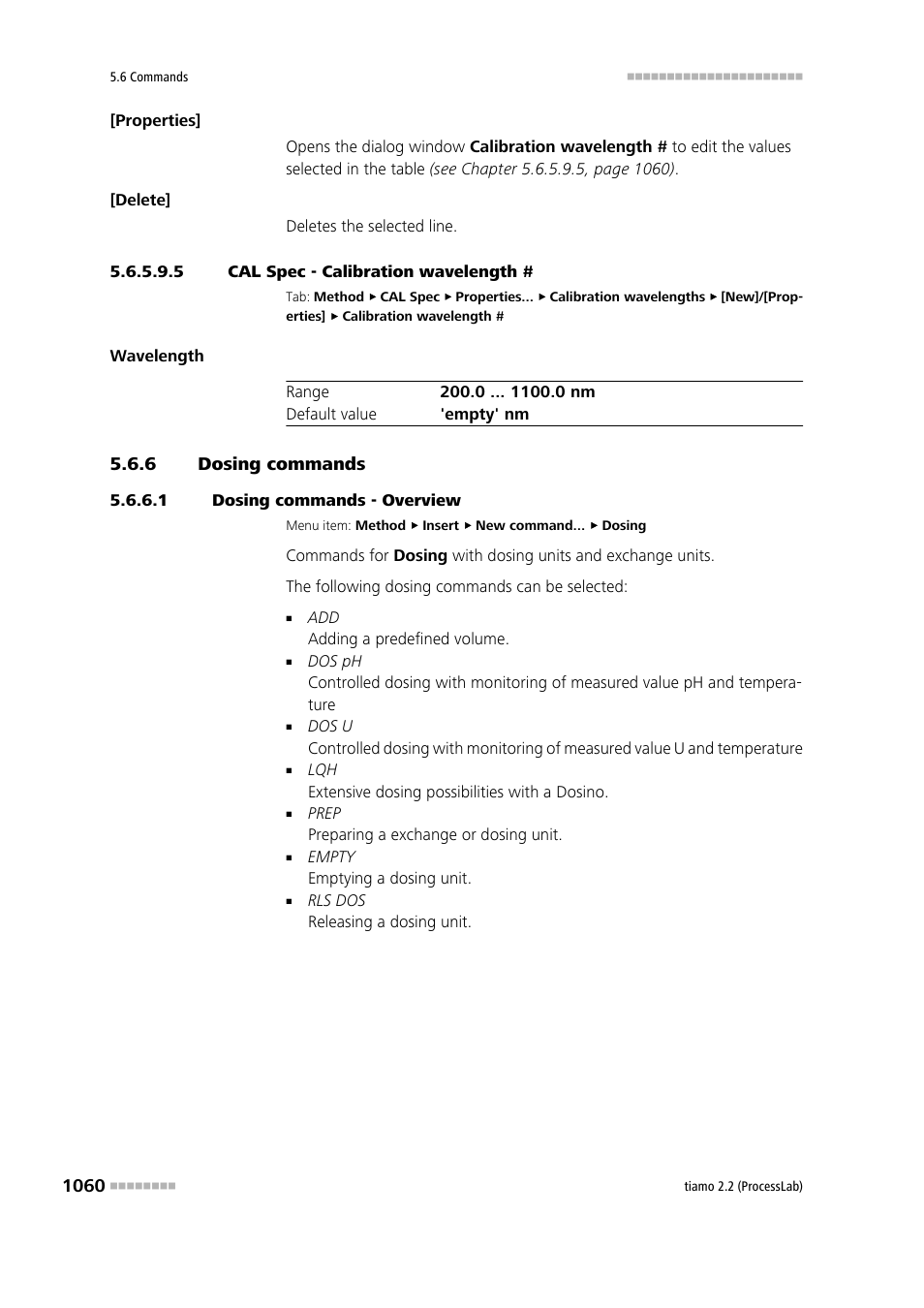 5 cal spec - calibration wavelength, 6 dosing commands, 1 dosing commands - overview | Dosing commands 0 | Metrohm tiamo 2.2 (ProcessLab) User Manual | Page 1076 / 1644