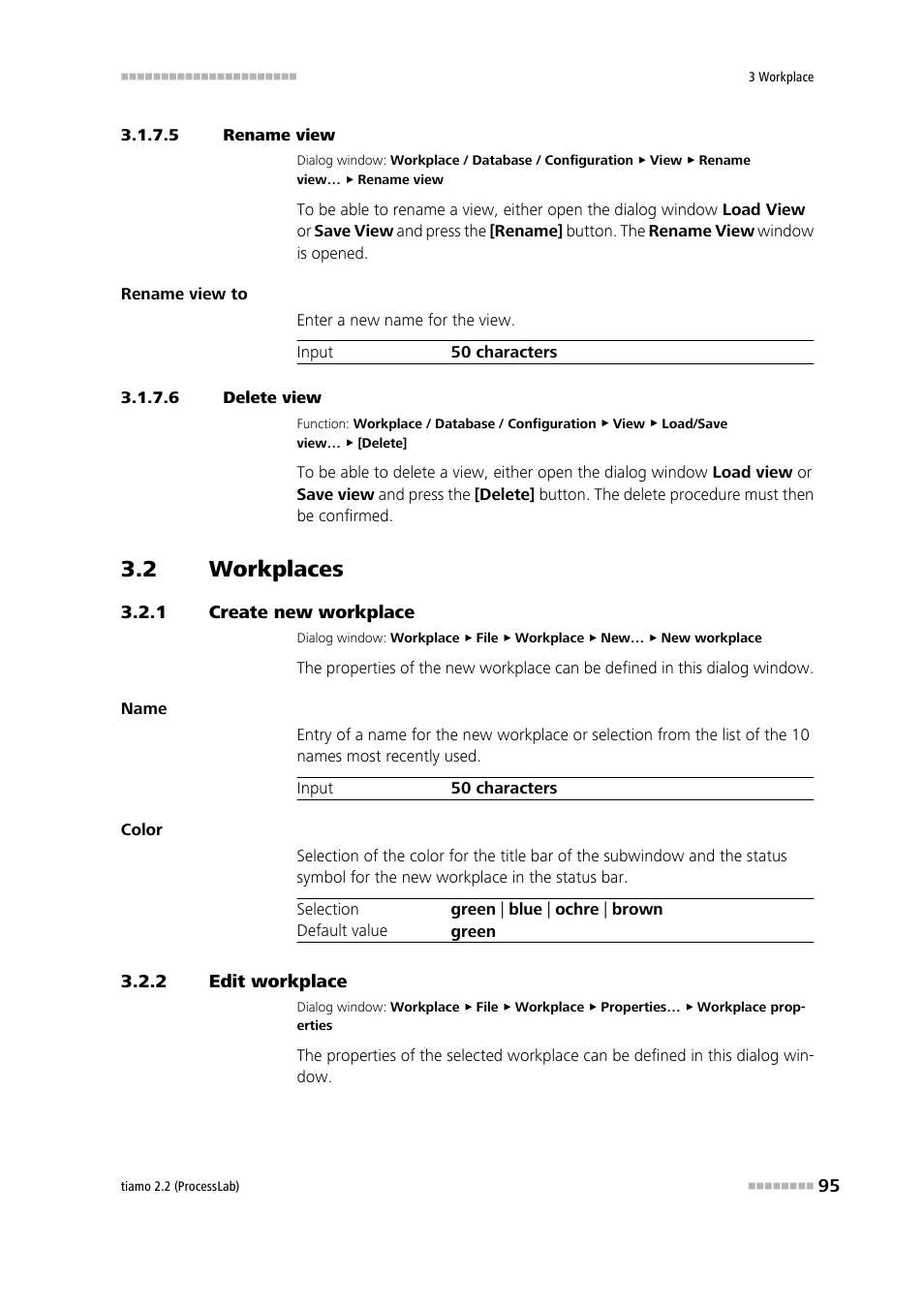 5 rename view, 6 delete view, 2 workplaces | 1 create new workplace, 2 edit workplace, Workplaces, Create new workplace, Edit workplace, Rename workplace view, Delete workplace view | Metrohm tiamo 2.2 (ProcessLab) User Manual | Page 111 / 1644