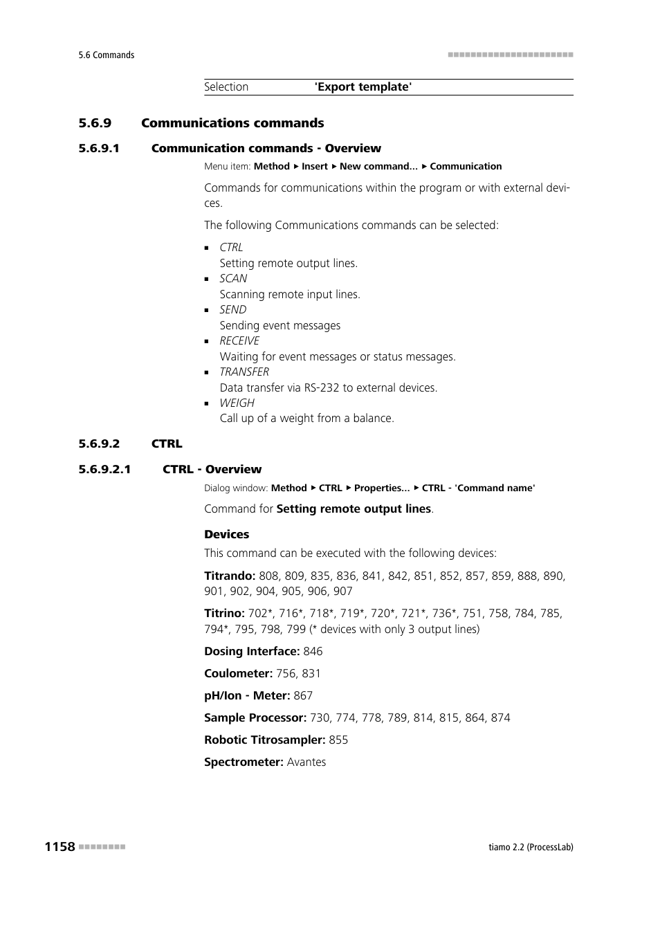 9 communications commands, 1 communication commands - overview, 2 ctrl | 1 ctrl - overview, Communications commands 8, Ctrl | Metrohm tiamo 2.2 (ProcessLab) User Manual | Page 1174 / 1644