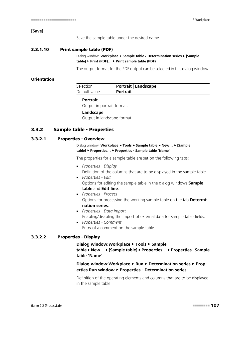 10 print sample table (pdf), 2 sample table - properties, 1 properties - overview | 2 properties - display, Sample table - properties, Print sample table, Define sample table properties | Metrohm tiamo 2.2 (ProcessLab) User Manual | Page 123 / 1644