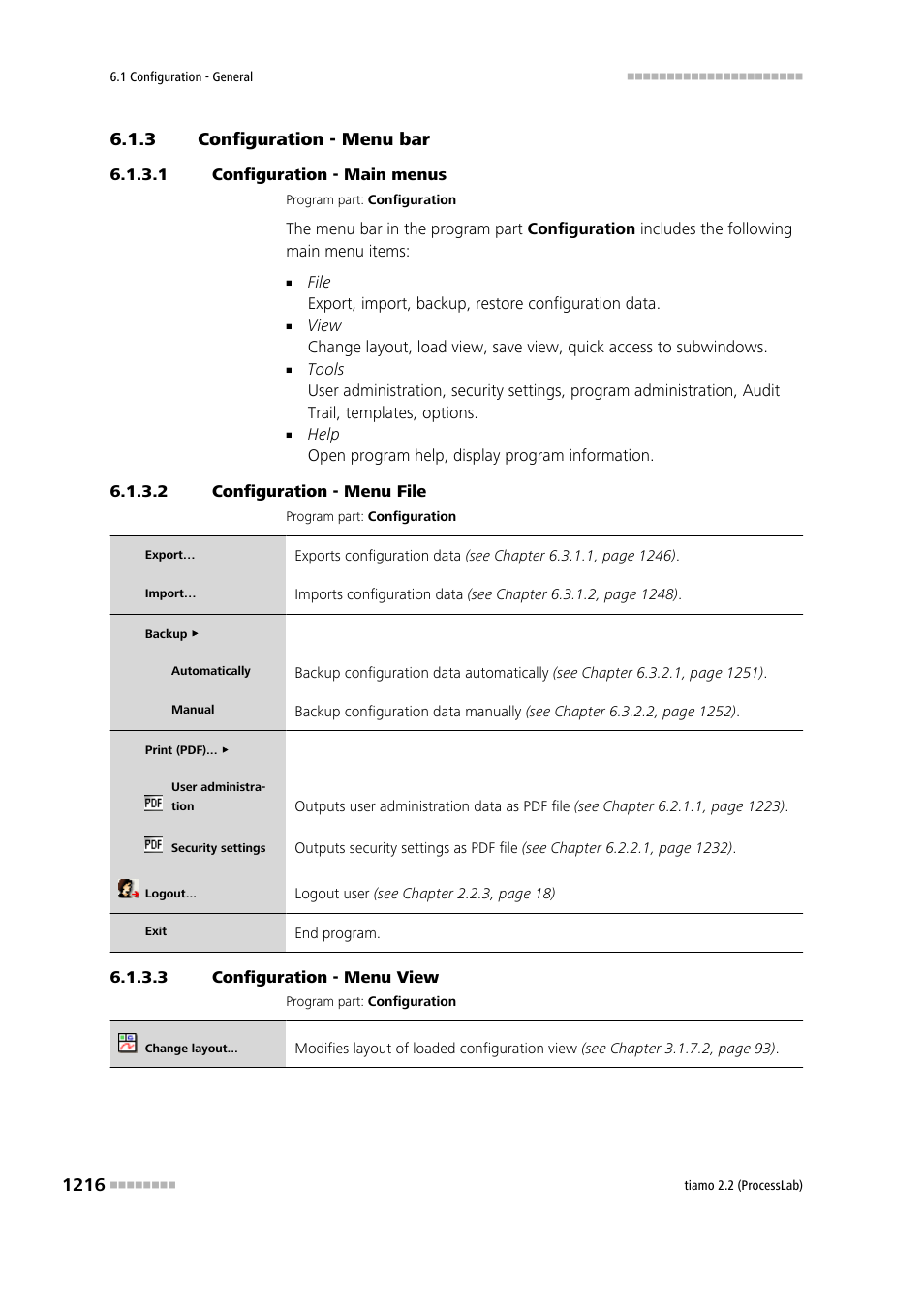 3 configuration - menu bar, 1 configuration - main menus, 2 configuration - menu file | 3 configuration - menu view, Configuration - menu bar 6 | Metrohm tiamo 2.2 (ProcessLab) User Manual | Page 1232 / 1644