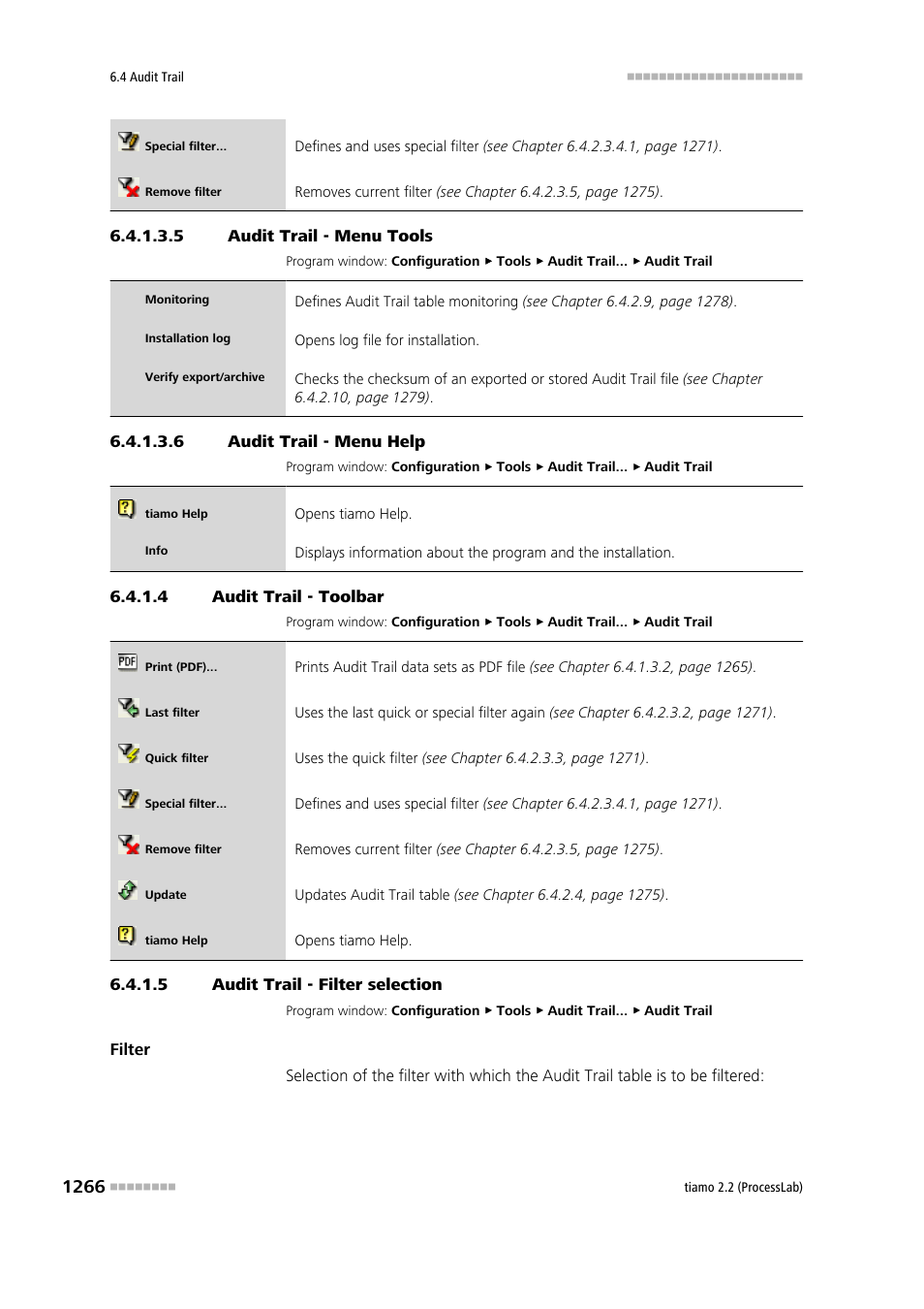 5 audit trail - menu tools, 6 audit trail - menu help, 4 audit trail - toolbar | 5 audit trail - filter selection, Toolbar, Filter selection, Tools, Help | Metrohm tiamo 2.2 (ProcessLab) User Manual | Page 1282 / 1644