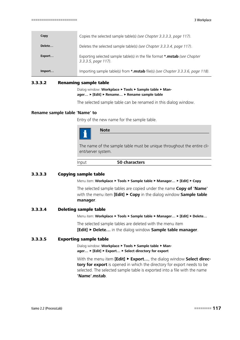 2 renaming sample table, 3 copying sample table, 4 deleting sample table | 5 exporting sample table | Metrohm tiamo 2.2 (ProcessLab) User Manual | Page 133 / 1644