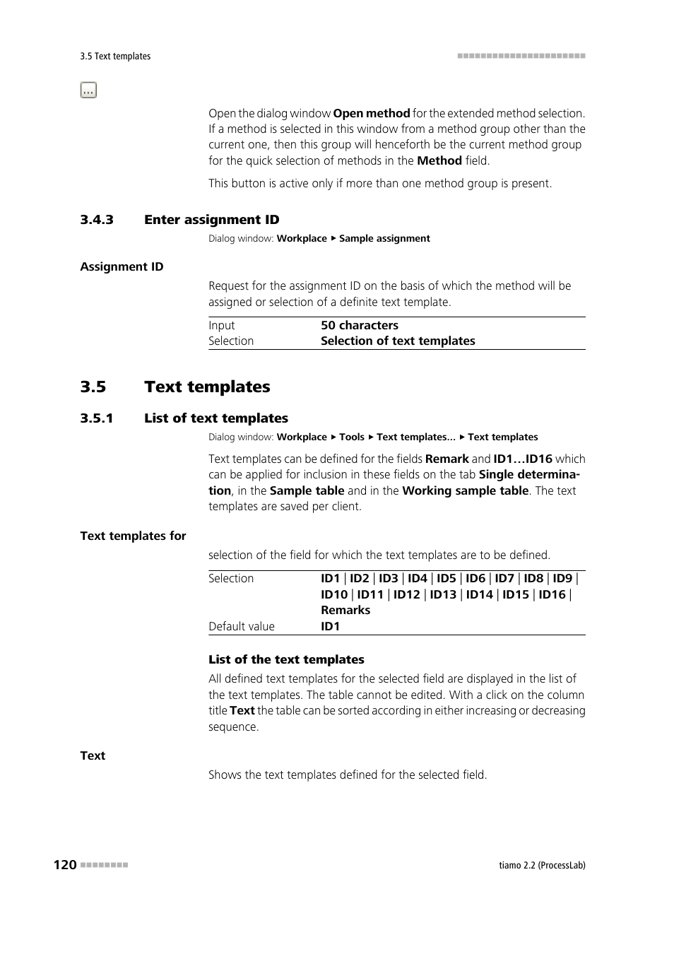 3 enter assignment id, 5 text templates, 1 list of text templates | Enter assignment id, Text templates, List of text templates, Define text templates | Metrohm tiamo 2.2 (ProcessLab) User Manual | Page 136 / 1644