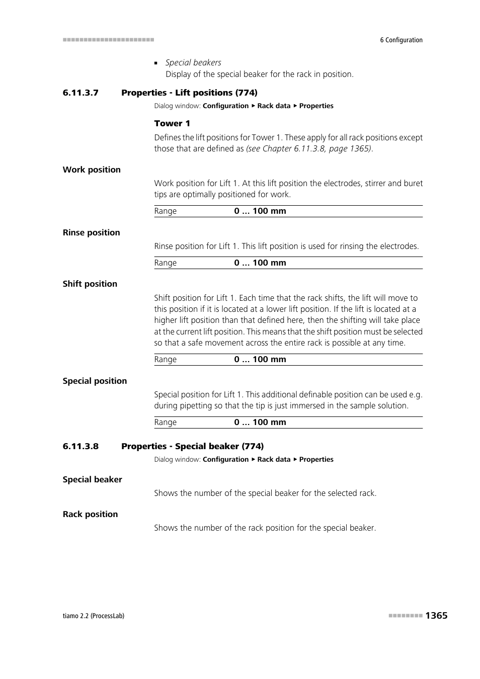 7 properties - lift positions (774), 8 properties - special beaker (774) | Metrohm tiamo 2.2 (ProcessLab) User Manual | Page 1381 / 1644