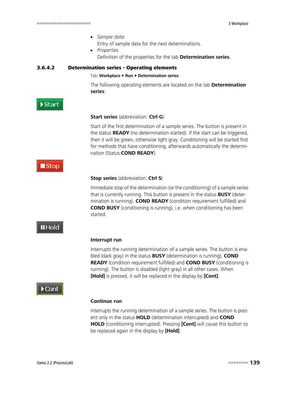 2 determination series - operating elements, Start/stop series, Interrupt/resume determination | Interrupt/resume series, Operating elements | Metrohm tiamo 2.2 (ProcessLab) User Manual | Page 155 / 1644