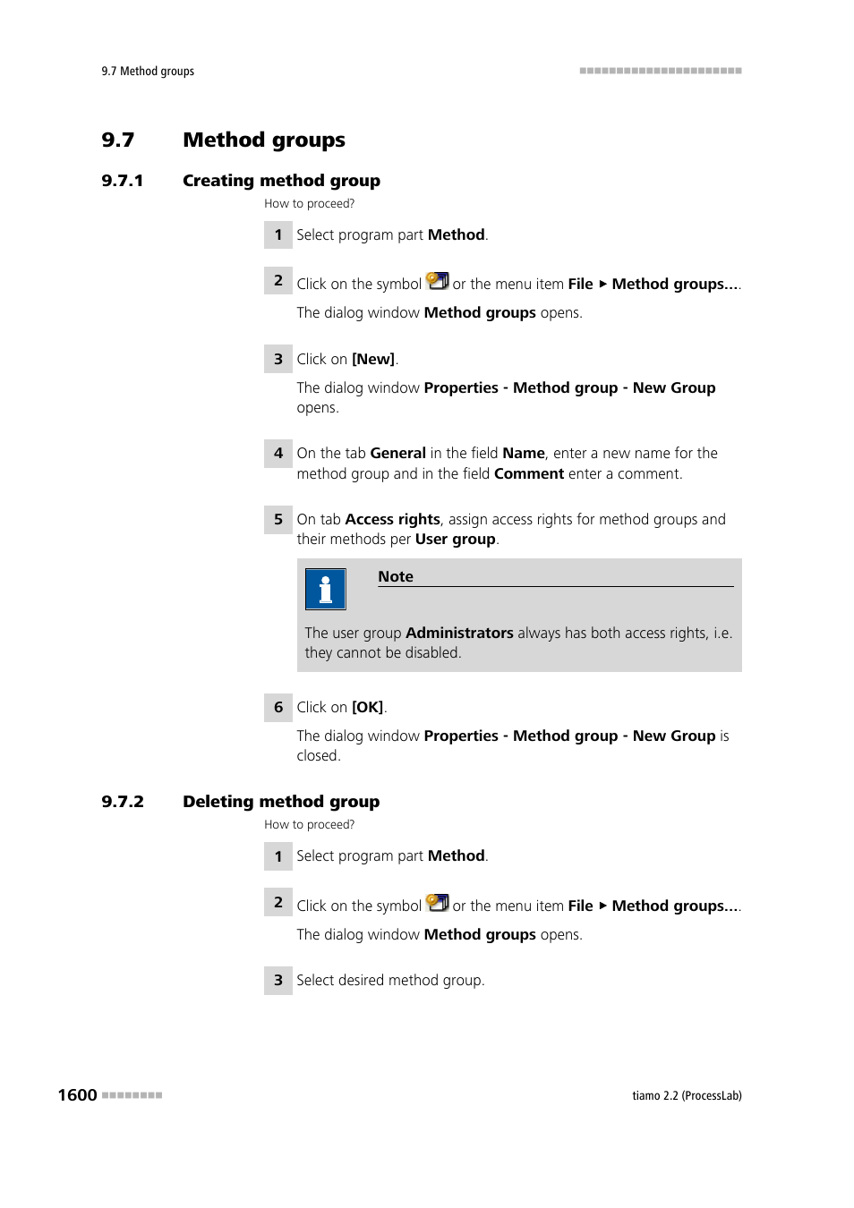 7 method groups, 1 creating method group, 2 deleting method group | Method groups 0, Creating method group 0, Deleting method group 0 | Metrohm tiamo 2.2 (ProcessLab) User Manual | Page 1616 / 1644