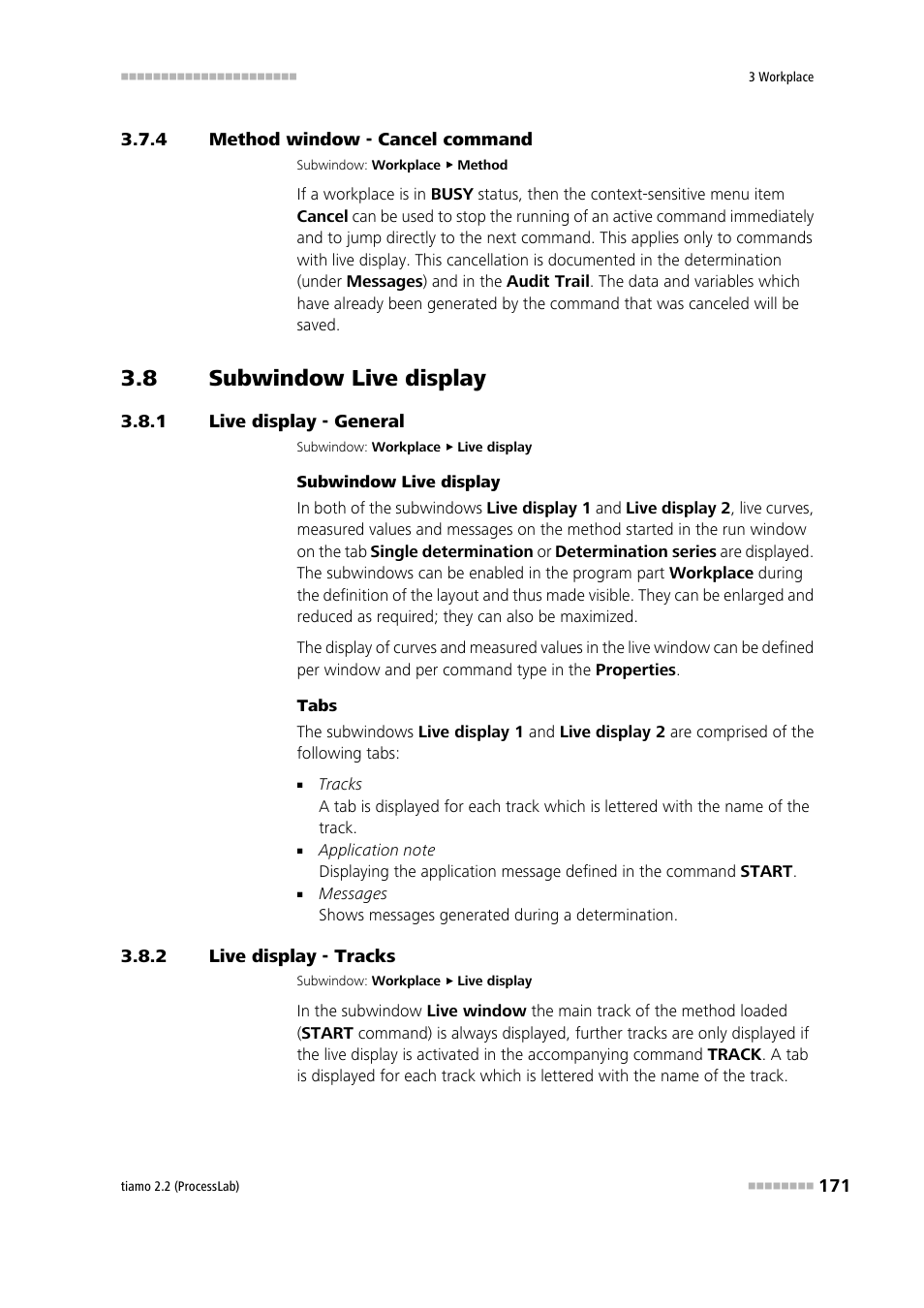 4 method window - cancel command, 8 subwindow live display, 1 live display - general | 2 live display - tracks, Method window - cancel command, Subwindow live display, Live display - general, Live display - tracks, Live display 1, Live display 2 | Metrohm tiamo 2.2 (ProcessLab) User Manual | Page 187 / 1644