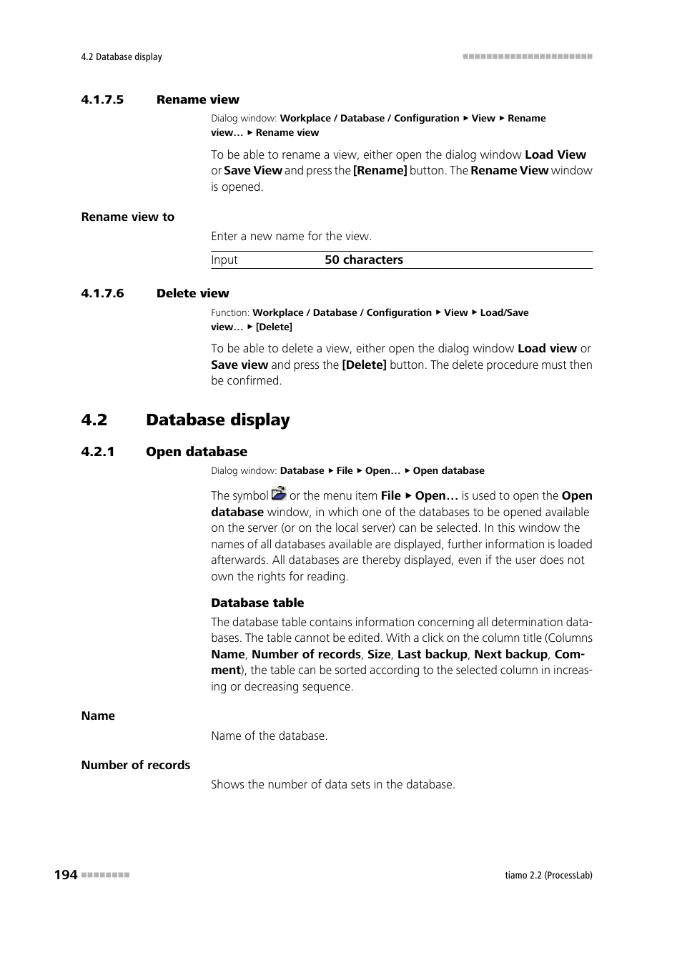 5 rename view, 6 delete view, 2 database display | 1 open database, Database display, Open database | Metrohm tiamo 2.2 (ProcessLab) User Manual | Page 210 / 1644