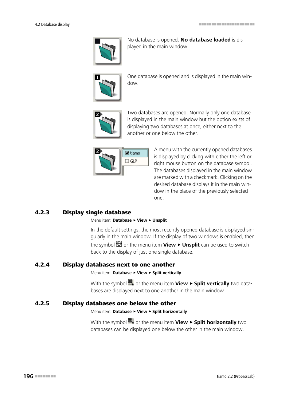 3 display single database, 4 display databases next to one another, 5 display databases one below the other | Display single database, Display databases next to one another, Display databases one below the other | Metrohm tiamo 2.2 (ProcessLab) User Manual | Page 212 / 1644