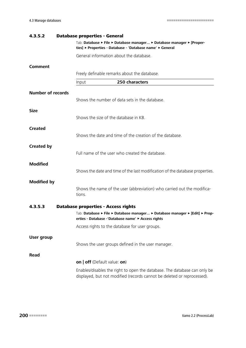 2 database properties - general, 3 database properties - access rights, General | Access rights | Metrohm tiamo 2.2 (ProcessLab) User Manual | Page 216 / 1644