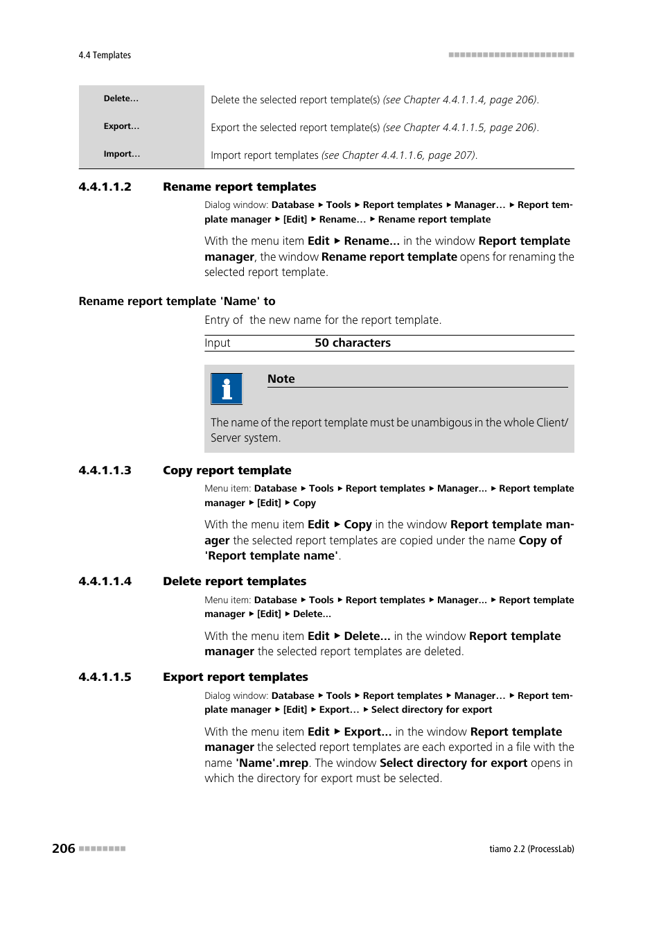 2 rename report templates, 3 copy report template, 4 delete report templates | 5 export report templates | Metrohm tiamo 2.2 (ProcessLab) User Manual | Page 222 / 1644