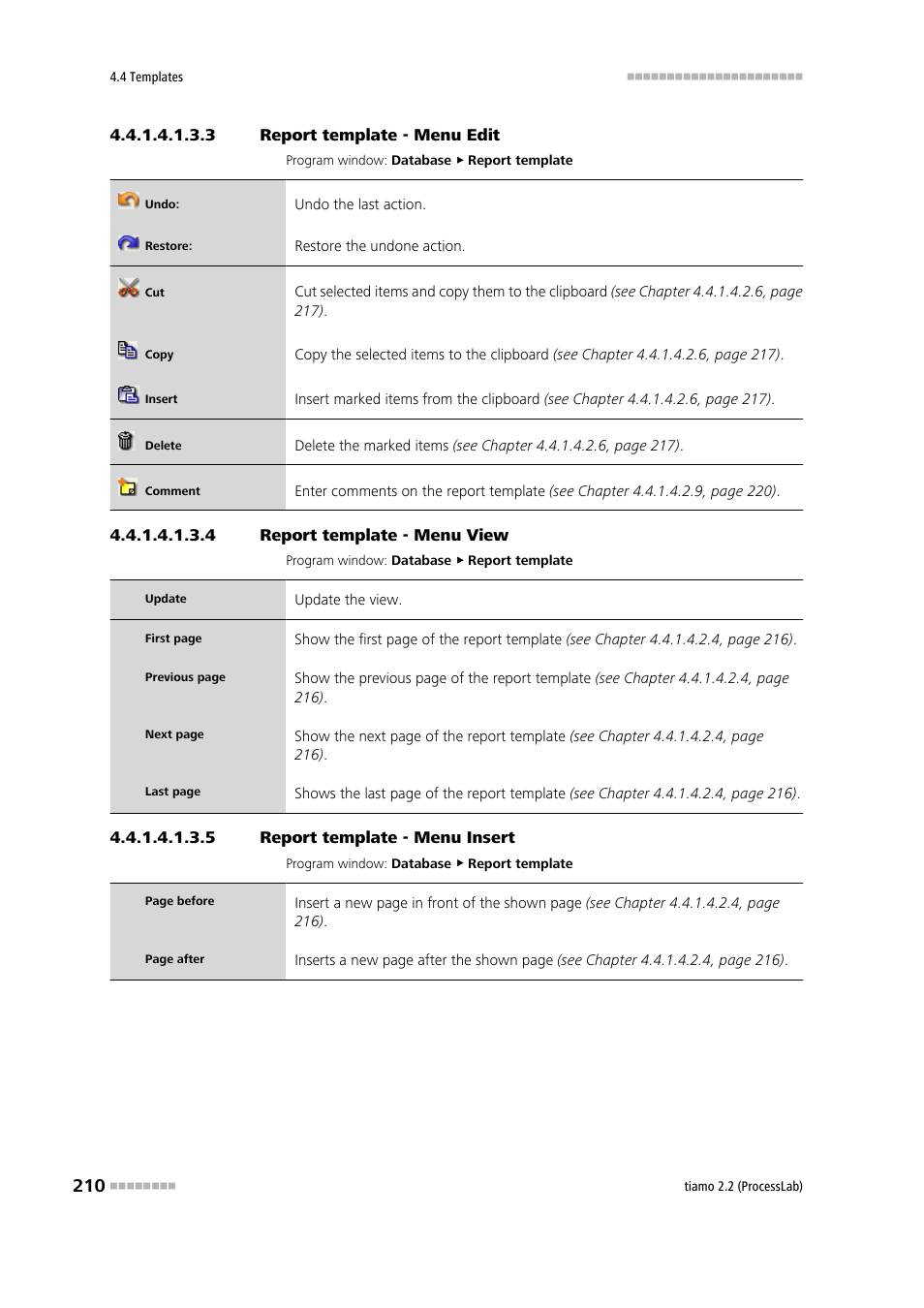 3 report template - menu edit, 4 report template - menu view, 5 report template - menu insert | Edit, View, Insert | Metrohm tiamo 2.2 (ProcessLab) User Manual | Page 226 / 1644