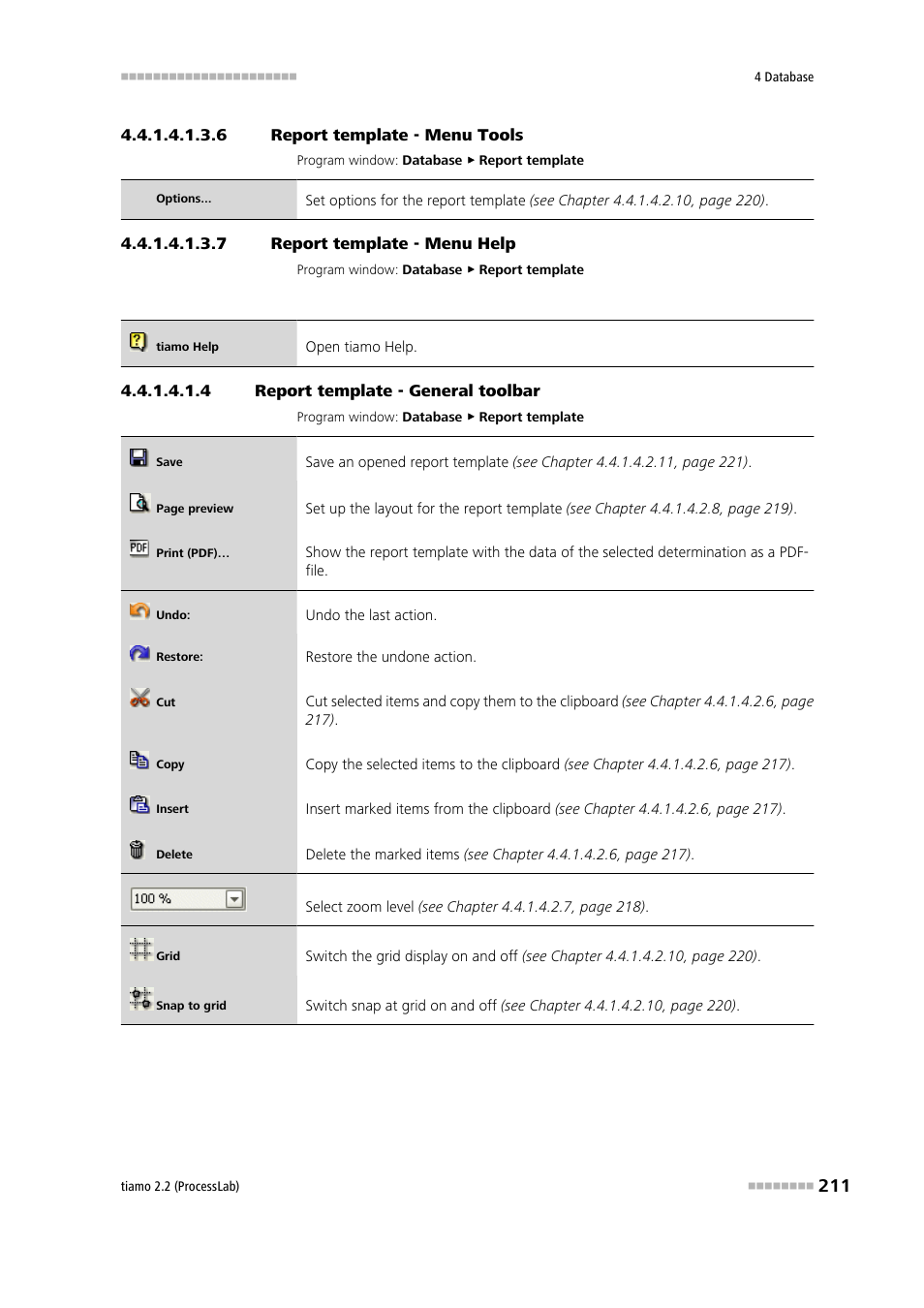 6 report template - menu tools, 7 report template - menu help, 4 report template - general toolbar | General toolbar, Tools, Help | Metrohm tiamo 2.2 (ProcessLab) User Manual | Page 227 / 1644