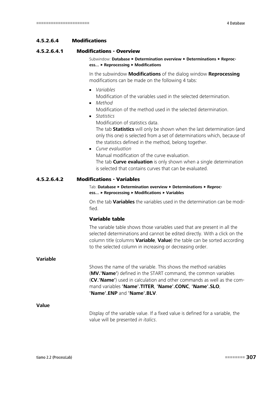4 modifications, 1 modifications - overview, 2 modifications - variables | Metrohm tiamo 2.2 (ProcessLab) User Manual | Page 323 / 1644